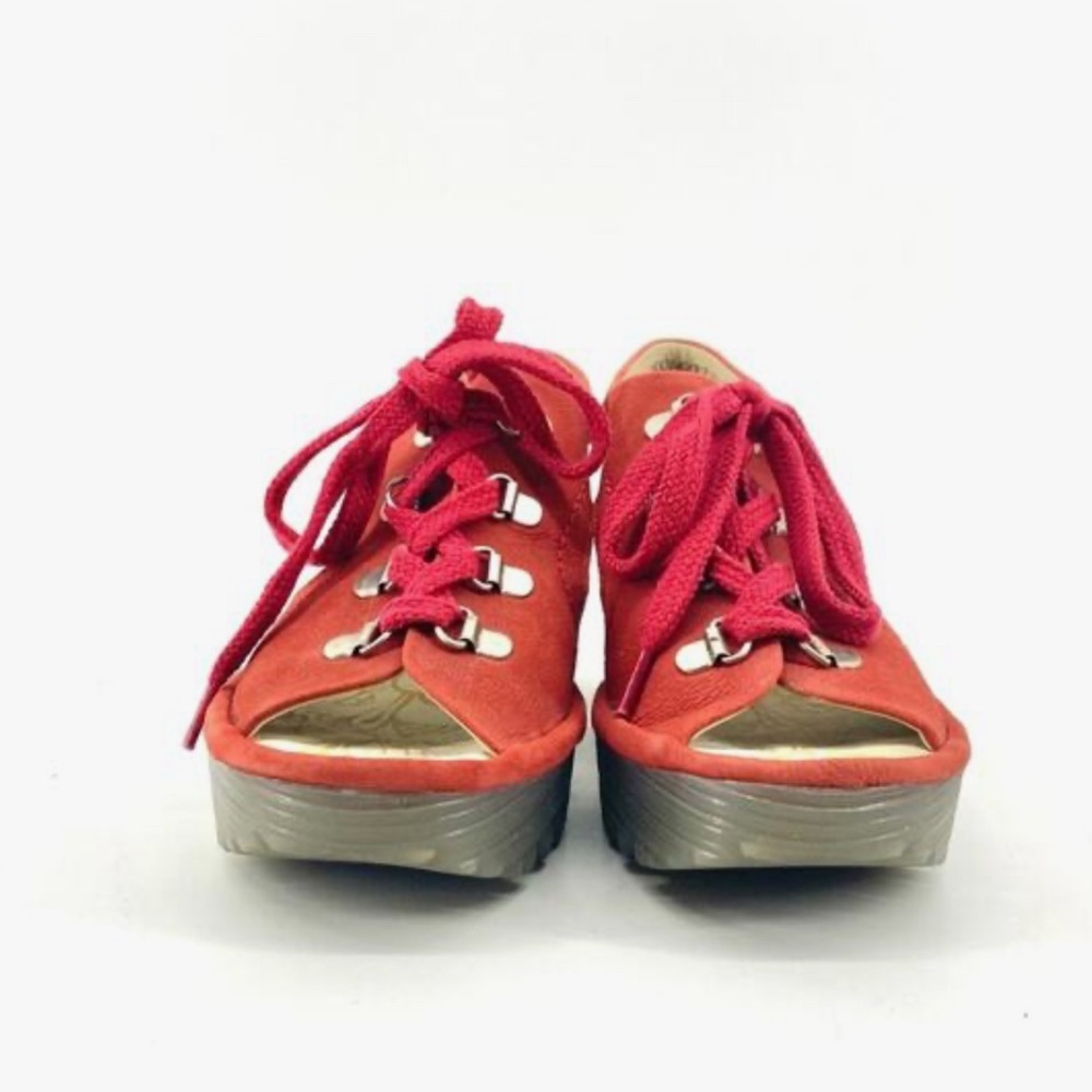 FLY London Ylfa Scarlet Leather Lace Up Comfort Wedge Sandals